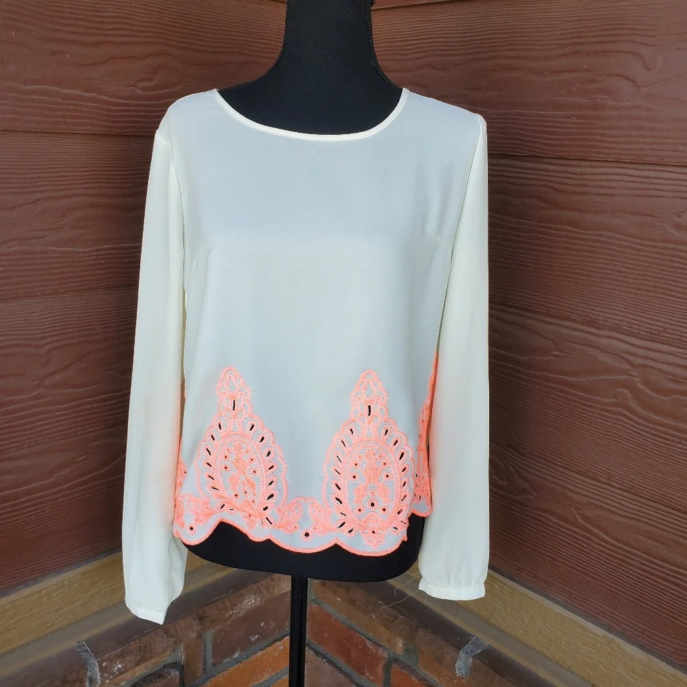 Xhilaration Women's Ivory and Bright Coral Lace Eyelet Long Sleeve Blouse Size S